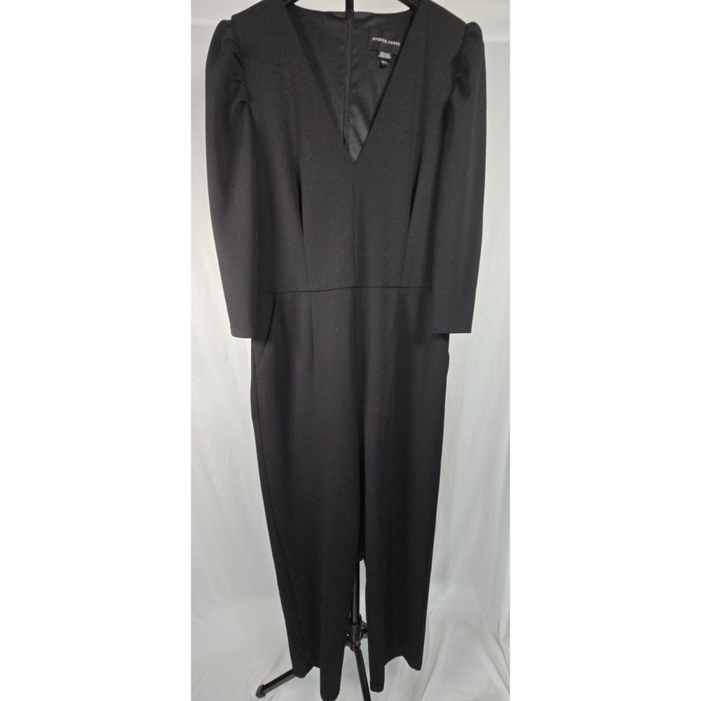 Donna Morgan Black Jumpsuit Sz 12 Puff Sleeve V Neck Career Party Office Chic